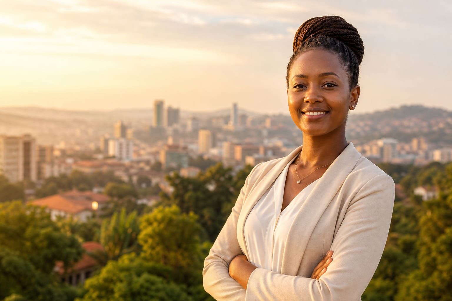 Hopeful job-seeker smiling outdoors in warm light